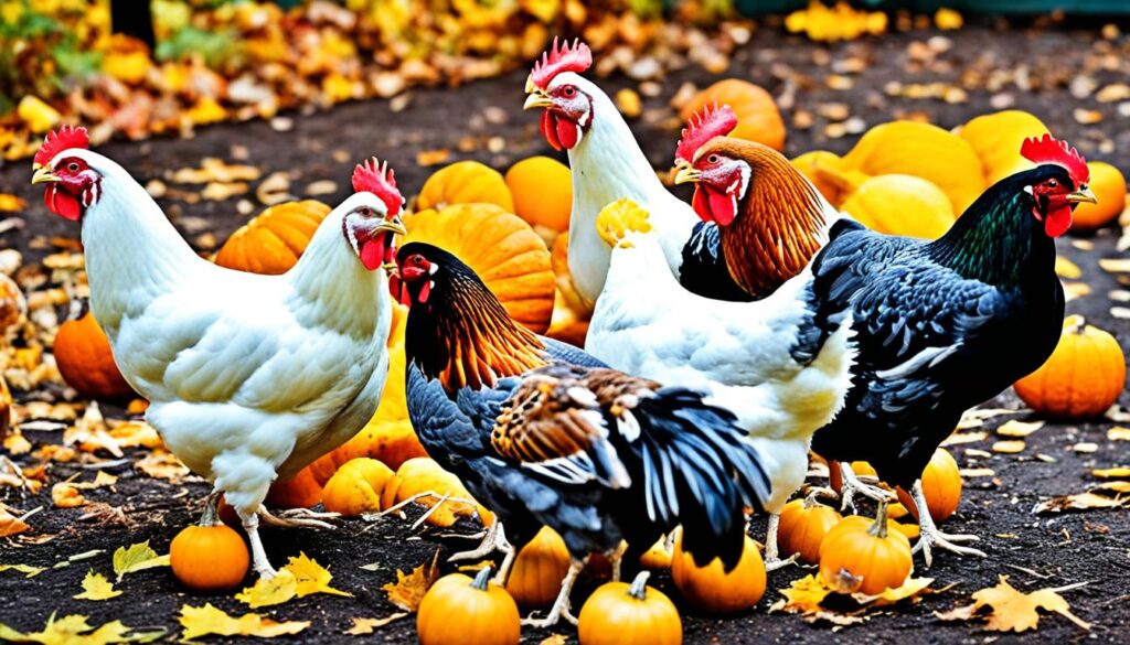 Chickens eating gourds