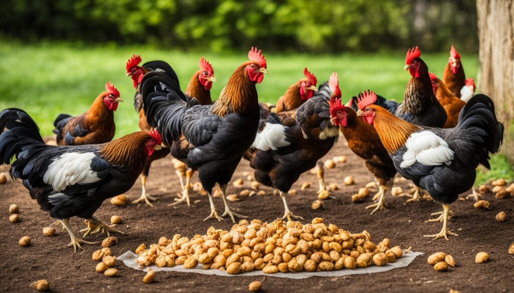 Chickens eating walnuts