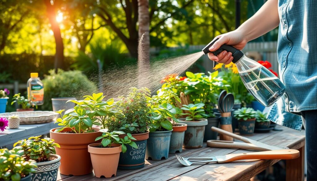Disinfecting hard surfaces in container garden
